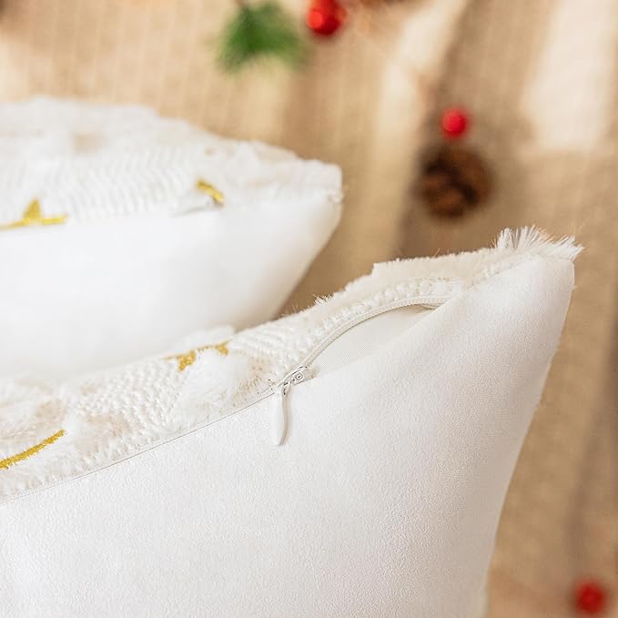 AQOTHES Christmas Tree Decorative Green White Throw Pillow Covers 18x18 Set of 2, Faux Fur Farmhouse Throw Pillows Cushion Cases for Xmas Winter Holiday Home Decor