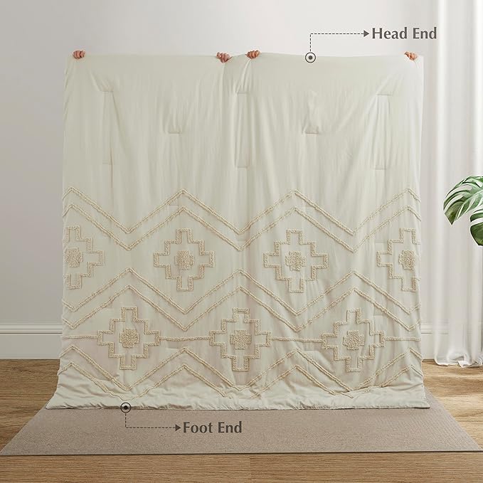 Oli Anderson Boho Tufted Comforter Set King Size, 3 Pcs Soft Jacquard Bedding Set for All Seasons, Shabby Chic Farmhouse Bedding Set with Comforters for All Seasons (Beige, King)