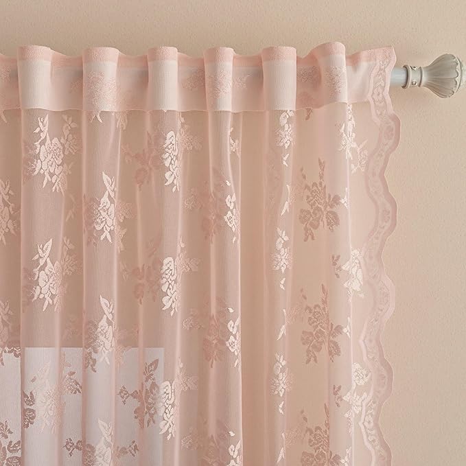 MEETSKY Pink Lace Sheer Curtains 63 Inch Length Vintage Victorian French Princess Cute Decor for Girls Room Back Tab Rod Pocket Light Filtering Farmhouse Boho Style Drapes, 50" W Each Panel, 2 PCs