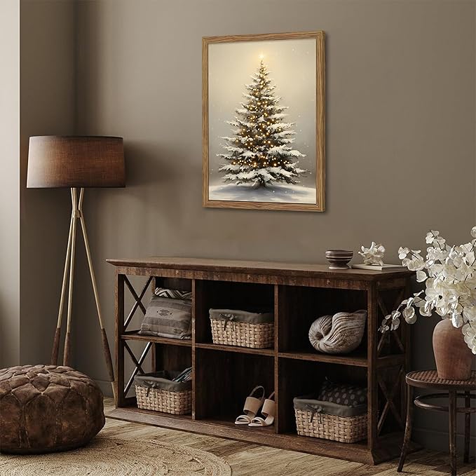 Vintage Christmas Pictures Wall Decor, Framed Christmas Tree Wall Art, Rustic Winter Holiday Pine Tree Print, Snowscape Botanical Canvas Artwork for Living Room Bedroom – 12x16in