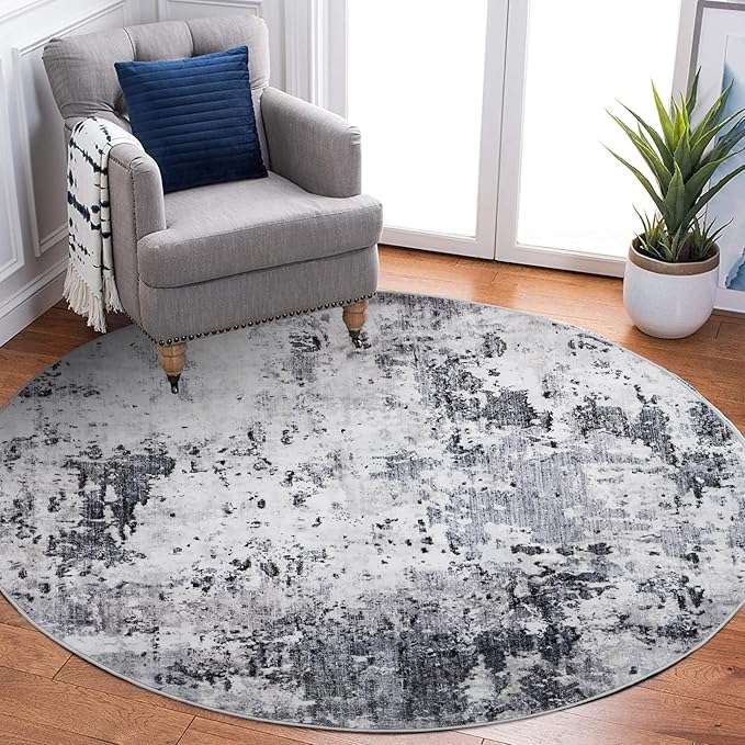Modern Abstract 4x4 Round Area Rug Non Slip Non Shedding Rug Low Pile Stain Resistant for Bedroom Living Room Office Dining Room,Grey