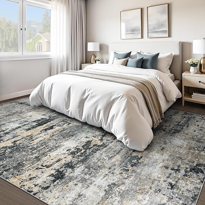 Area Rugs 8x10 for Living Room: Washable Rug Modern Abstract Neutral Soft Non-Slip Low-Pile Indoor Large Carpet for Bedroom Dining Room Playroom Home Office (Black Grey Brown, 8'x10')