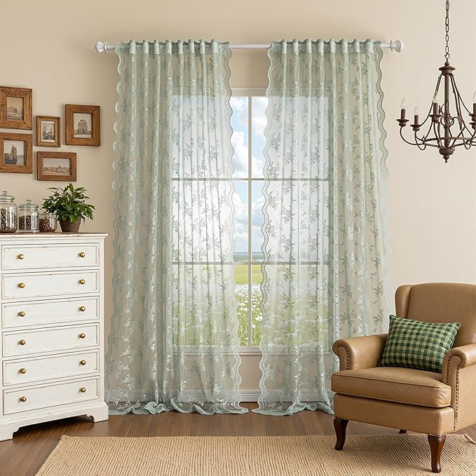 MEETSKY Sage Green Lace Sheer Curtains 84 Inch Length 2 Panels Set Vintage French Boho Sheer Style Back Tab Rod Pocket Transparent Light Filtering Drapes for Living Room Bedroom, 50" W Each Panel