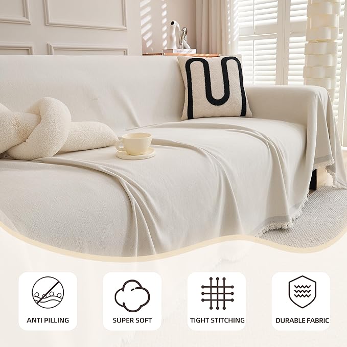 Couch Cover for 3-4 Cushion Couch Sofa Cover for Dog, Couch Covers for Oversized Sofa, Sofa Covers Washable Pet Couch Covers, Sofa Slipcover Non-Slip L Shape Couch Cover, 71''x150'', Cream