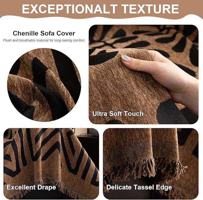 VClife Boho Couch Cover Soft Chenille Sofa Cover for Sofa Bed, 1 Piece XL Couch Covers for 3 Cushion Couch Sofa Washable Brown Black Jacquard Pattern Sofa Protector for Living Room 71''x134''