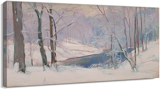 GUTTATY Christmas Winter Scene Canvas Wall Art, Soft Pastel Snowy Forest Landscape Canvas Prints, Tranquil Blue and Lavender Wall Decor for Living Room, Holiday Pictures Poster, 40x20 Inch