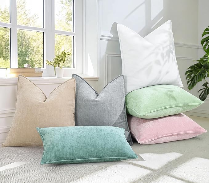 decorUhome Christmas Couch Throw Pillow Covers 24x24 Set of 2, Decorative Soft Euro Velvet Neutral Chenille Pillow Covers with Elegant Design for Sofa Bed Living Room Home Decor, Beige