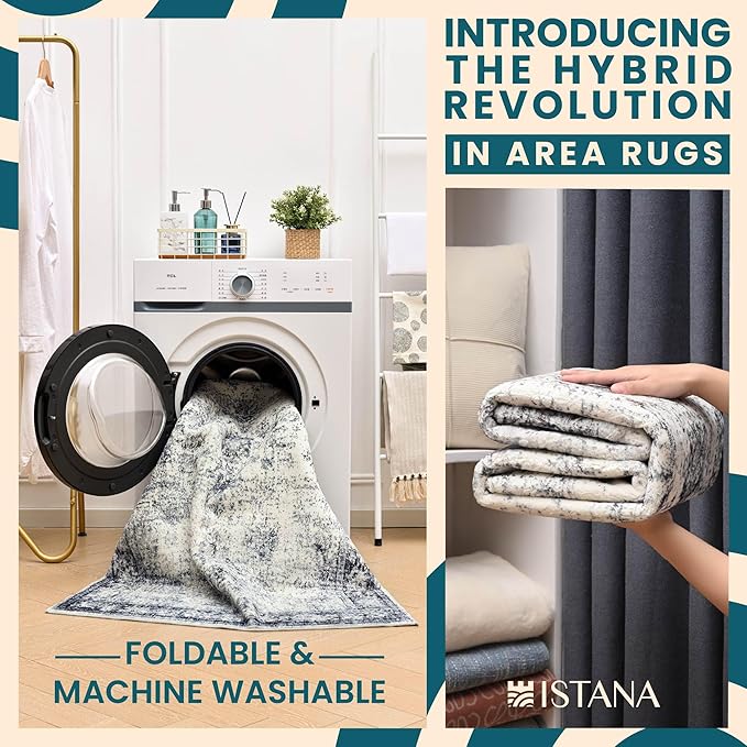 Istana Living Room Rug 10x14 - Navy 10 x 14 Area Rug - Foldable Machine Washable Area Rugs 10x14 10x14 Area Rugs Boho - Stain Resistant Washable Rug 10x14