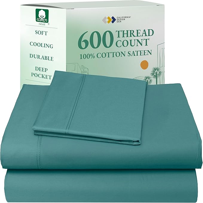 California Design Den Cooling Sheets Twin Size Set - Luxury 600 Thread Count 100% Cotton, Sateen Weave, Deep Pocket Twin Cotton Sheets Sets, Hotel Quality Bedding,Cool Sheets for Hot Sleepers - Teal