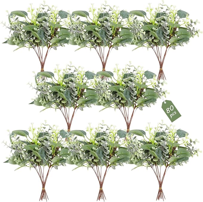 80 Pcs Mixed Eucalyptus Leaves Stems Bulk Artificial Silver Dollar Leaves for Vase Bouquets Baby Eucalyptus Leaves for Family Wedding Center Flower Arrangement