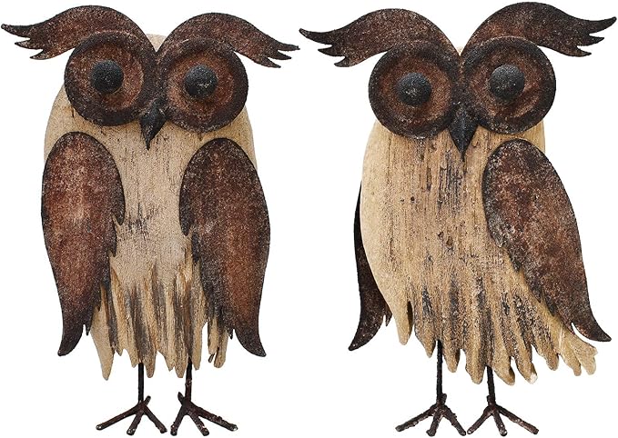 K KILIPES Rustic Owl Decorations - Metal & Wood Owl Figurines (8.5" H) for Home Tabletop Ornaments & Collectibles