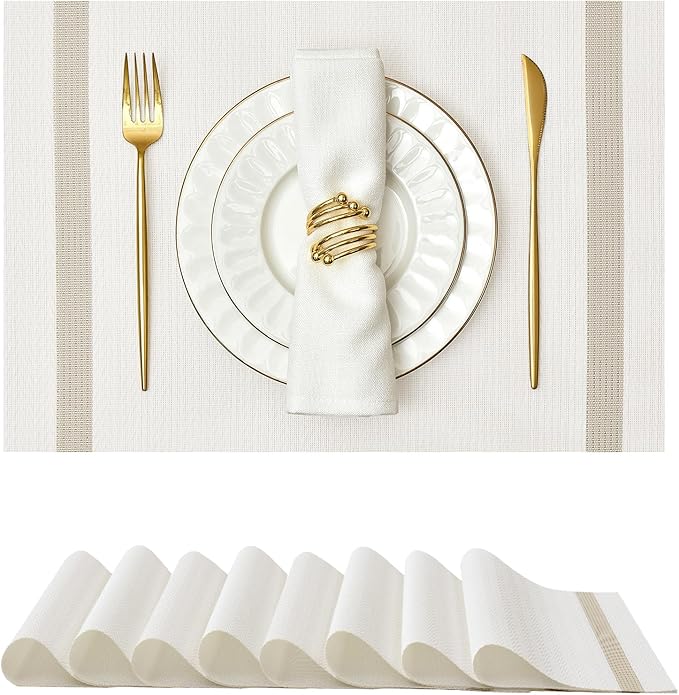 Leetaltree Luxury White Placemats with Gold Stripes Placemats Set of 8 - Waterproof Washable for Wedding, Anniversary, Daily Use - Sparkling Table Decor - Hand-Cut