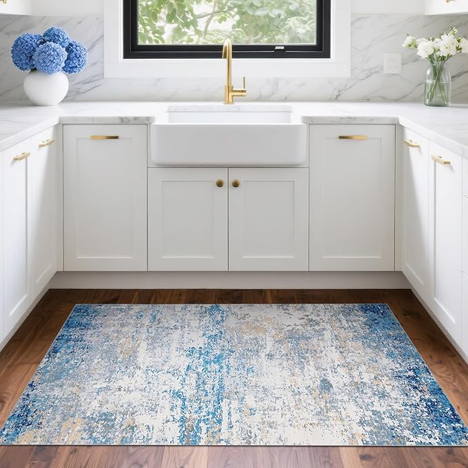 Modern Abstract 2x3 Area Rug Non Slip Non Shedding Low Pile Stain Resistant Rug for Entryway Kitchen Bedroom,Blue/Grey