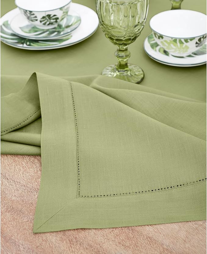 Solino Home Linen Tablecloth 60 x 132 Inch - Classic Hemstitch 100% Pure Linen Moss Green Table Cloth for Rectangle Tables - Machine Washable Tablecloth for Fall, Autumn, Thanksgiving, Winter