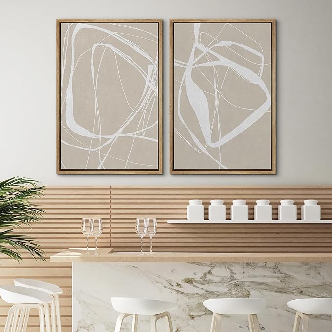 SIGNWIN Framed Canvas Print Wall Art Set Mid-Century Geometric Ring Pattern Abstract Shapes Cozy Neutral Minimalism Decorative Bohemian Relax/Zen for Living Room, Bedroom, Office - 24"x36"x2 Natural