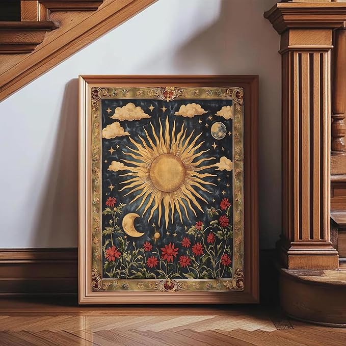 Eeuqiauot Vintage Sun Moon Flowers Wall Art Retro Celestial Floral Wall Decor Gothic Wildflowers Painting Tarot Crescent Picture Moon Star Wildflower Poster for Living Room Bedroom 12x16inch Unframed