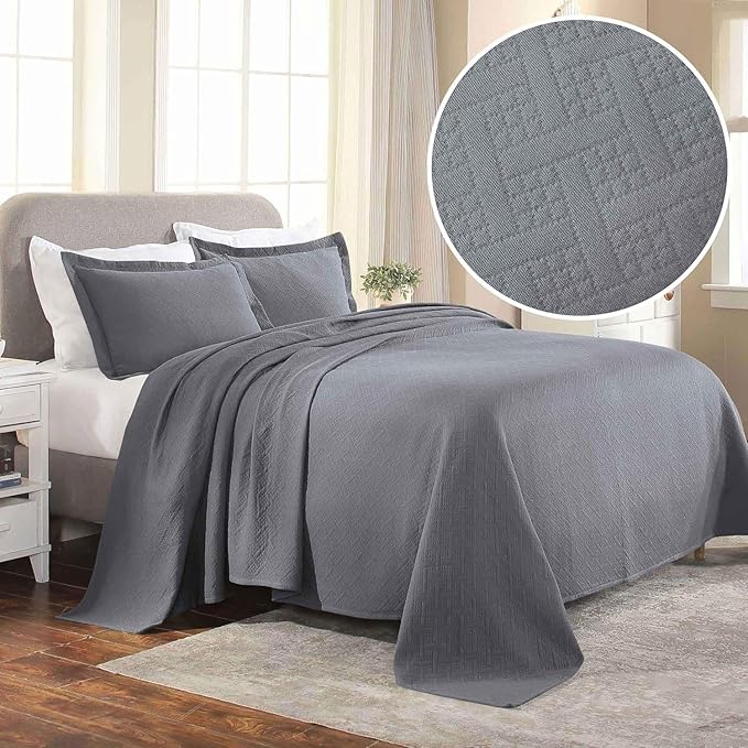 Superior 100% Cotton Basket Weave Bedspread with Shams, All-Season Premium Cotton Matelasse Jacquard Bedding, Quilted-Look Geometric Basket, King, Grey