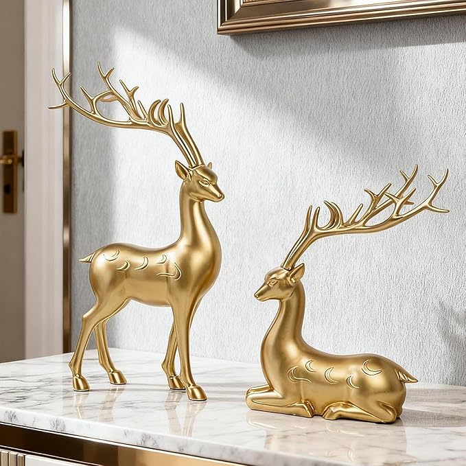 Fenteer 2X Reindeer Figurines Sitting Standing Deer Statues Table Centerpiece Rustic Ornaments Elk Sculptures for Indoor Office Gifts