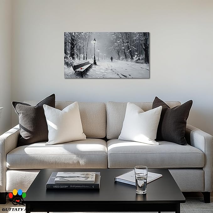 GUTTATY Christmas Winter Scene Canvas Wall Art, Snowy Park Pictures Print, Monochrome Wall Decor with Bench and Lamp, Fine Canvas Artwork for Living Room, Bedroom, Office, Holiday Gift, 16x8 Inch