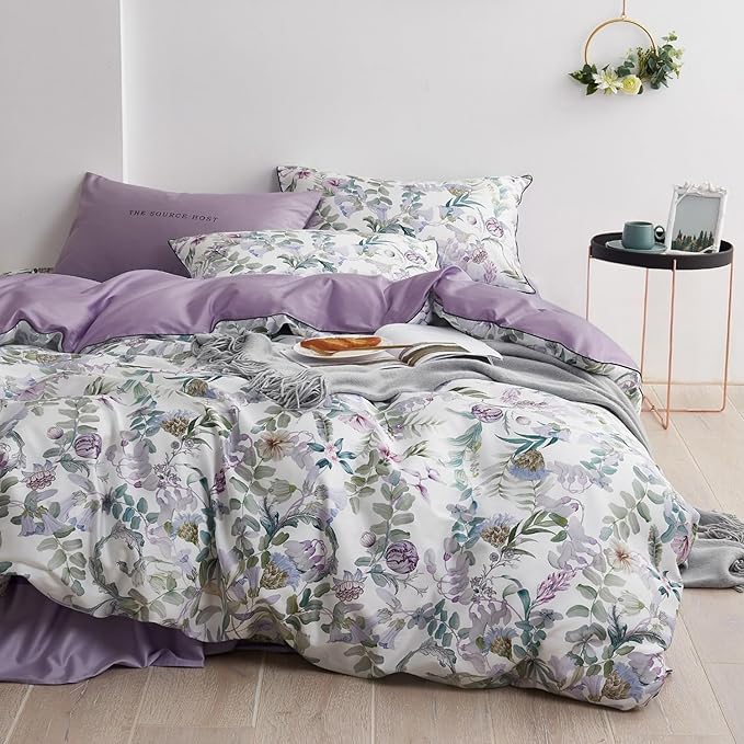 mixinni Garden Style King Duvet Cover Set Purple Large Flower on White Duvet Cover Long Staple Cotton Fresh Floral Leaves Bedding Set with Zipper Ties Perfect for Him and Her-(3pcs, King Size)