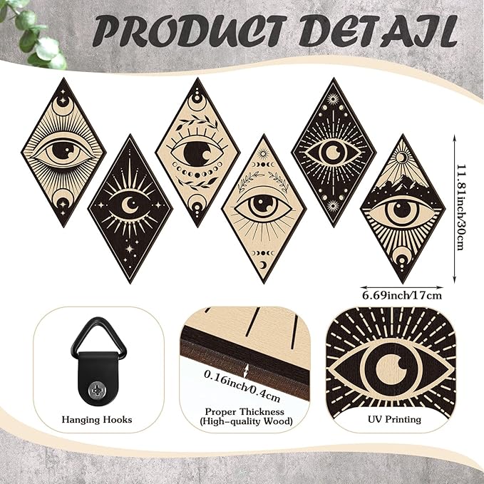 Nuenen 6 Pcs Farmhouse Home Wall Decor Western Geometric Diamond Frame Wall Hanging Boho Modern Abstract Art Prints Wooden Diamond Sign Decorations for Bedroom Living Room Bathroom(Eye Style)