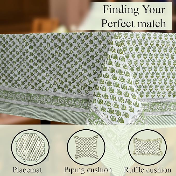 CPC Tablecloth 100% Cotton 72x190 Inch Indian Block Print Rectangle Table Cover, Green Table Cloth for Weddings, Spring, Easter, Valentines- Emerald Green