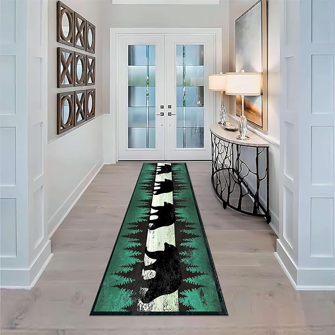 Western Cabin Lodge Runner Rug,2.6x7ft,Rustic Green Pine Bear Printed Hallway Rugs,Wildlife Long Hallway Runners Carpet,Pet Friendly Non-Shedding Farmhouse Rug for Entryway