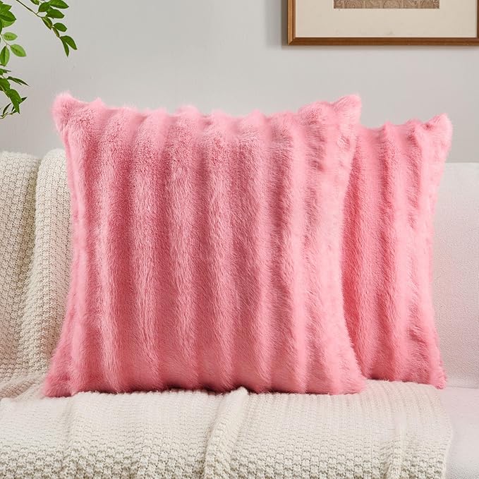 FUTEI Hot Pink Decorative Throw Pillow Covers 18x18 Inch Set of 2,Soft Fluffy Faux Rabbit Fur Dyeing Striped Textured Cushion Case,Modern Home Decor for Couch Bed Living Room