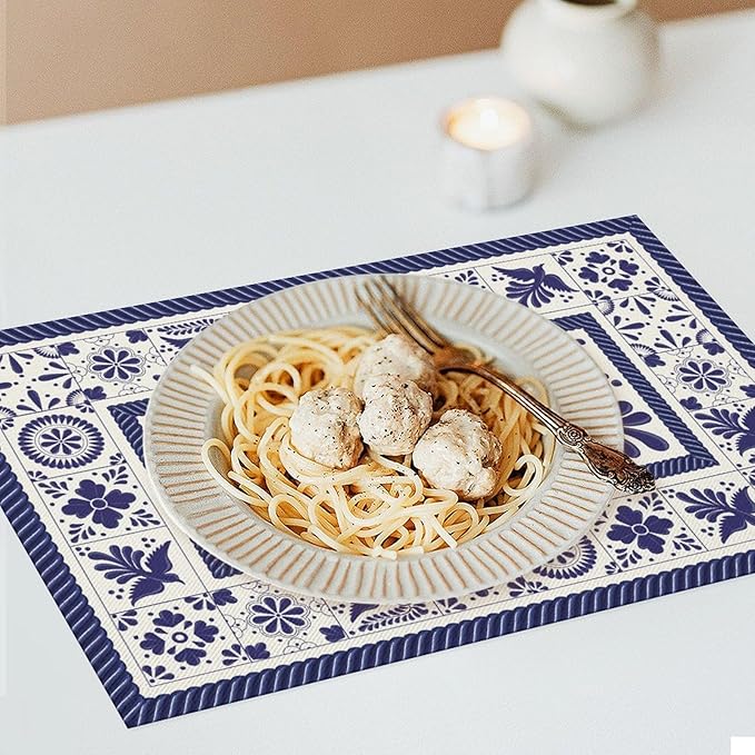 Mexican Placemat Set of 6, 12x18 Inch Rustic Floral Birds Blue Talavera Ceramic Mexico Tiles Dia De Los Muertos Coffee Vintage Table Mats for Outdoor Kitchen Dining Table Decoration