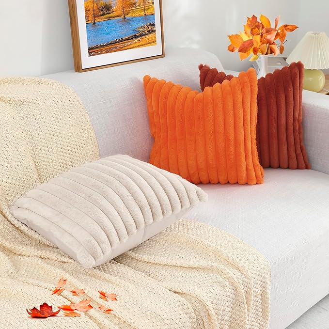 decorUhome Faux Fur Thanksgiving Day Throw Pillow Covers 26x26 Set of 2, Decorative Soft Plush Striped Neutral Couch Euro Pillow Covers with Velvet Back for Sofa, Bed, Living Room Home Decor, Rust
