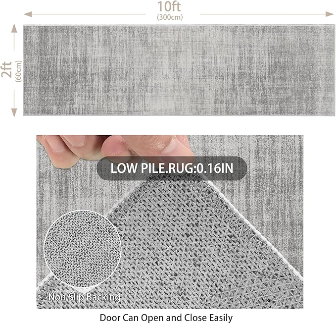Enkor Runner Rugs for Hallway, 2x10 Washable Soft Non Slip Abstract Rugs for Kitchen, Modern Mat for Entryway Living Room Bedroom Light Grey