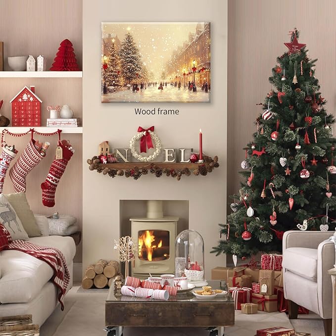 Winter Christmas Landscape Wall Art Fashion Snowscape Poster Vintage Cozy Scenic Canvas Prints 24x36 inch Framed for Living Room Office Wall Decor