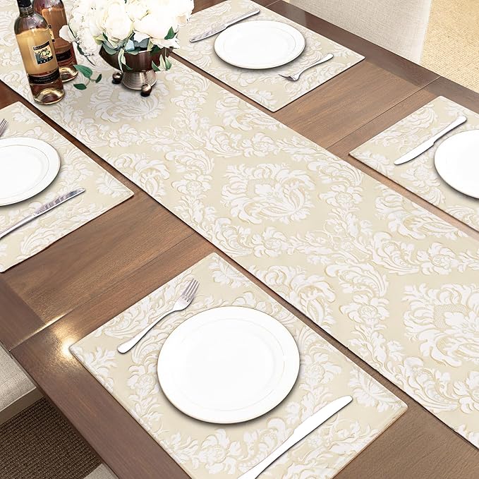 Loom and Mill Elegant Jacquard Table Runner 72 inches Long, Luxury Floral Table Runners with Handmade Multi-Tassels for Dining Room Dresser Party Holiday Banquet Decoration (Beige+White,13x72 inch)