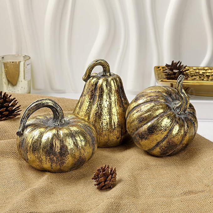 Hollyone Fall Pumpkin Decor 3 PCS Gold Resin Pumpkin Figurines Fake Pumpkins for Decorating Faux Pumpkins Fall Decorations Rustic Farmhouse Home Centerpiece for Thanksgiving Harvest Halloween Autumn