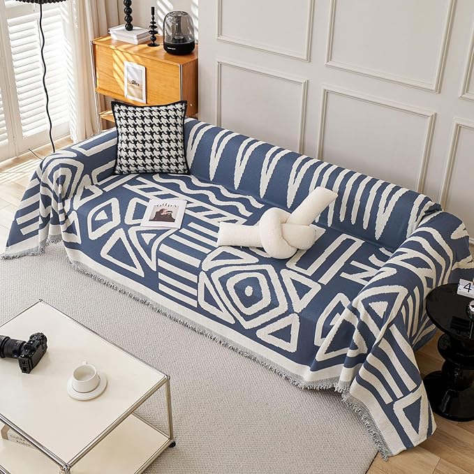 VClife Oversize Couch Cover, 1 Piece Boho Tribal Blue and White Geometric Jacquard Pattern Sofa Cover for 3 Cushion Couch Sofa, Soft Washable Chenille Living Room Sofa Slipcover for Sofa 91"X150"