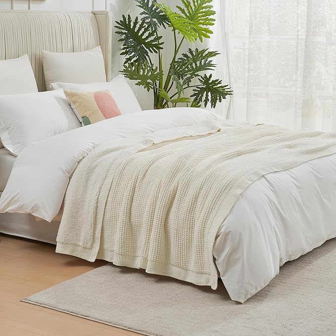 Amélie Home Reversible Waffle Weave Throw Blanket, Chenille Knit with Warm Sherpa, Soft Cozy Blanket for Bed, 60"x80", Ivory