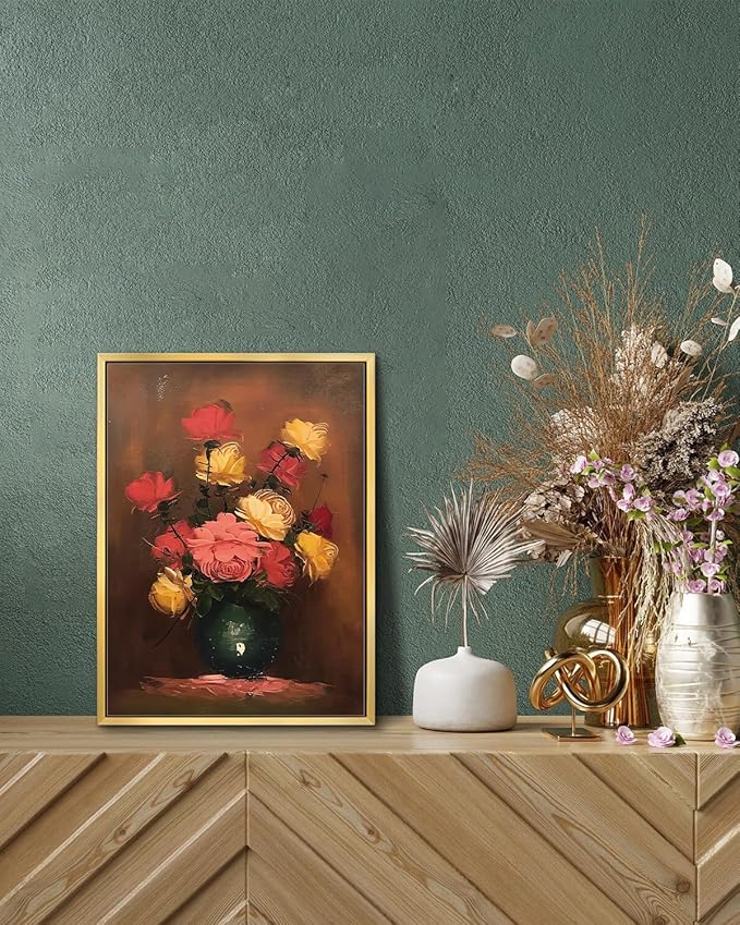AIMAILON Vintage Gold Canvas Flower Wall Art, Aethestic Still of Life Wall Picture Decor, Artwrok for Walls Living Room Home Room Bedroom Decorations 12x16