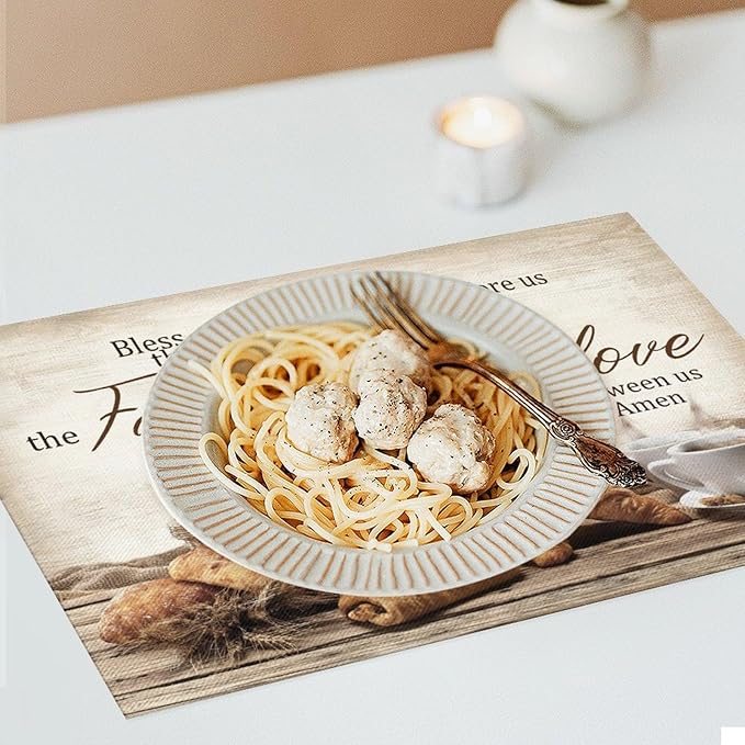 Coffee Placemat Set of 4, 12x18 Inch Rustic Bless The Food Before Us Bread Coffee Theme Farmhouse Washable Heat Resistant Table Mats for Outdoor Farmhouse Kitchen Dining Decor