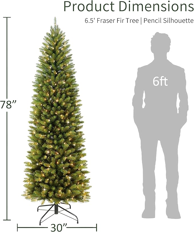 Puleo International 6.5ft Pre-Lit Slim Fraser Fir Christmas Tree with 350 Clear Lights, 1125 Realistic Dense Branch Tips, Easy Setup Artificial Trees with Sturdy Metal Stand