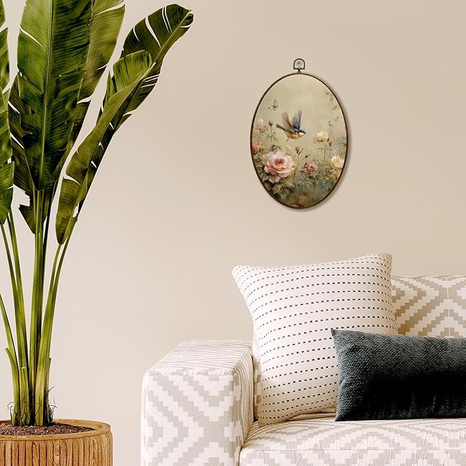 JQF Vintage Floral Bird Oval Wall Art, Rustic Cottagecore Rose Floral Sparrow Oval Canvas Wall Art, Retro Flower Bird Framed Prints Hanging Decor for Home Bedroom Living Room, 8.5x11.5 Inch