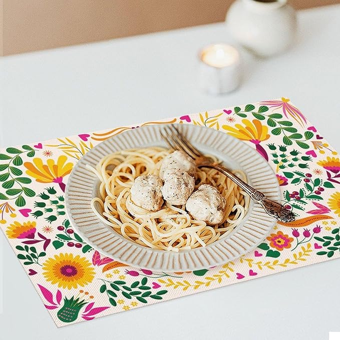 Mexican Floral Placemat Set of 4, 12x18 Inch Boho Cinco de Mayo Colorful Mexico Birds Fiesta Dia De Los Muertos Day Talavera White Coffee Table Mats for Outdoor Kitchen Dining Table Decoration