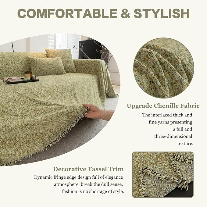 DREAMINGO Thickened Chenille Couch Cover 71x118 Inch Washable 2-Seater Sofa Covers Living Room Sectional Couch Slipcovers Modern Furniture Protector with Tassel, Green