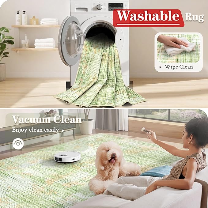 9x12 Area Rugs for Living Room: Washable Modern Abstract Rug Large Soft Non Slip Living Room Rug Indoor Low Pile Carpet for Bedroom Dining Room Home - Multi Green