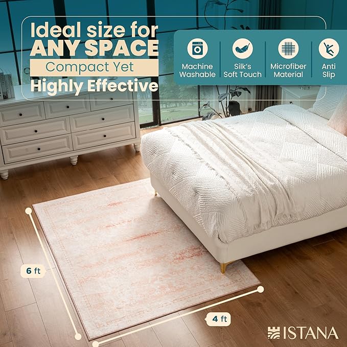 Istana 4x6 Area Rug - Pink Rugs for Living Room 4x6 - Foldable Rugs for Bedroom - Stain Resistant Washable Rug - Eco-Friendly Boho Area Rugs - Easy to Clean Living Room Rug 4 x 6
