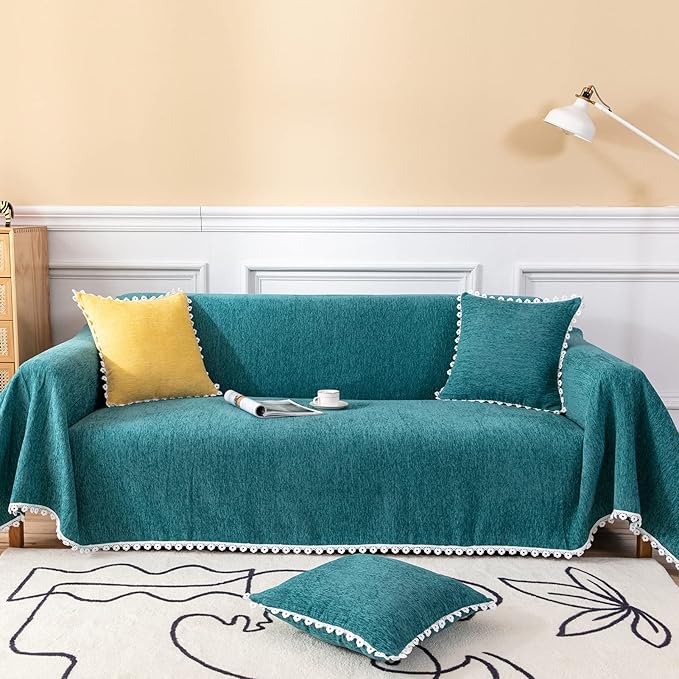 VClife Farmhouse Couch Cover for Sofa Soft Chenille Turquoise Sofa Cover Furniture Protector - Washable Home Sofa Slipcover for 2 Cushion Couch Sofa (71"X118") Gift for Christmas Thanksgiving Wedding