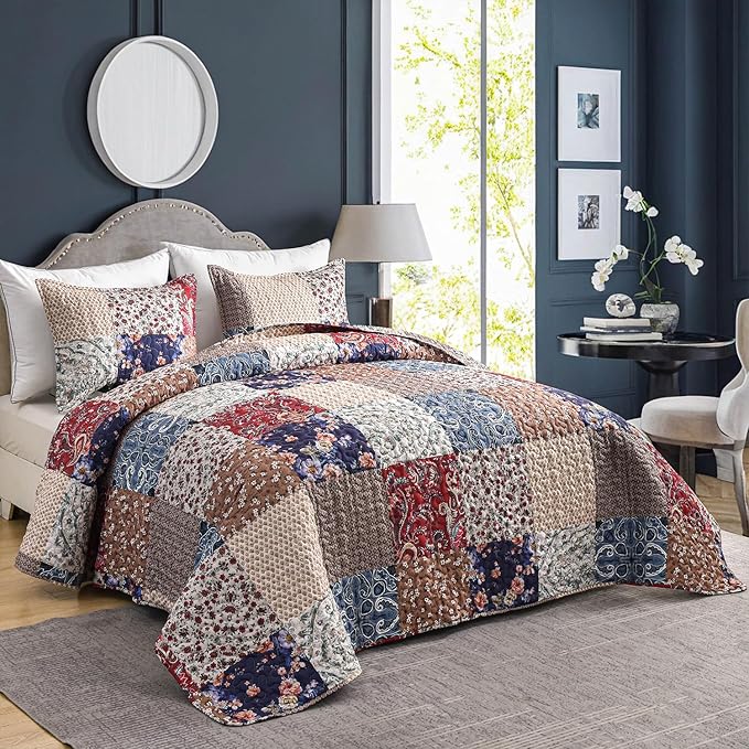 DURLENGEN Floral Quilt Set Queen Size 3Pcs, Bohemian Floral Plaid Styling Bedspread, All Season Lightweight Coverlet Sets(Queen 90x96, Navy Floral Plaid)