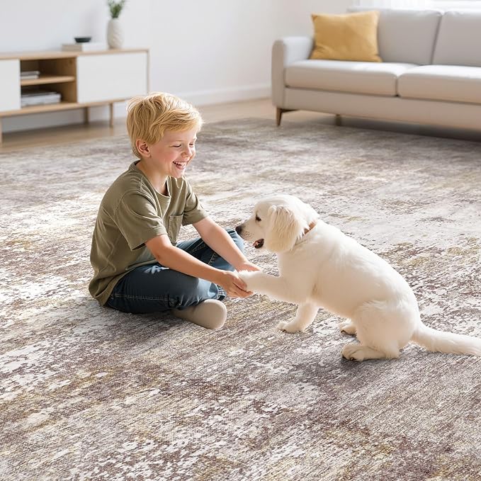 Washable 10X14 Area Rug: Modern Abstract Soft Non-Slip Indoor Rugs - Low Pile Stain Resistant Foldable Rug for Living Room Bedroom Dining Room Playroom Office(Golden Brown 10'x14')