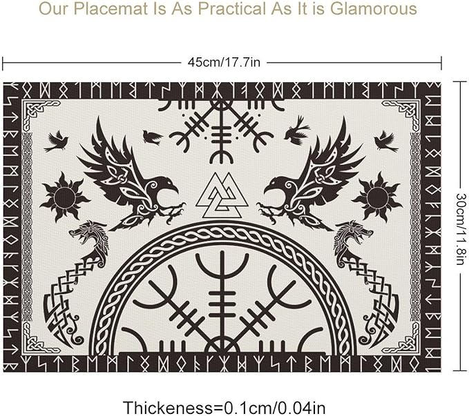 Viking Placemat Set of 4, 12x18 Inch Vintage Tree of Life Nordic Mythology Raven Helmet of Awe Dragon Animal Black Rustic Coffee Table Mats for Outdoor Farmhouse Kitchen Dining Table Decoration