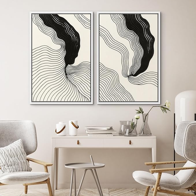 SIGNWIN Framed Canvas Print Wall Art Set Abstract Black Line Flow Minimalist Modern Art Minimal Boho Relax/Calm for Living Room, Bedroom, Office - 24"x36"x2 White