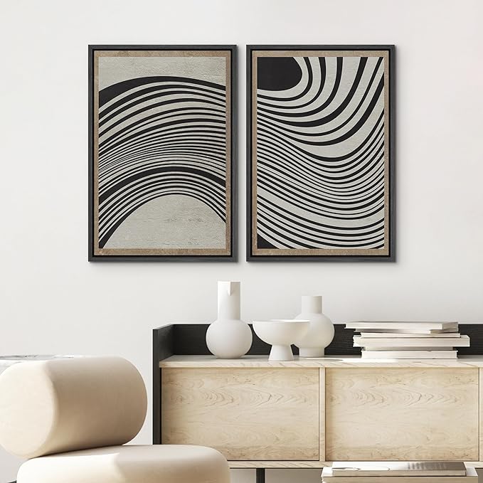 SIGNWIN Framed Canvas Print Wall Art Set Mid-Century Spiral Wave Collage Abstract Shapes Cozy Neutral Minimal Decorative Nordic Zen Bohemian for Living Room, Bedroom, Office - 16"x24"x2 Black